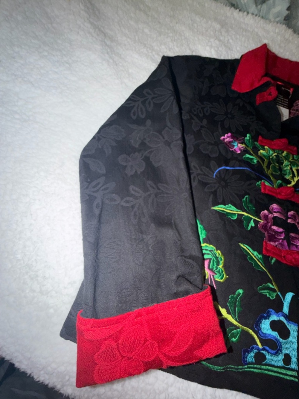 Black Embroidered Jacket with Red Collar and Multicolor Floral Detail - Picture 2 of 12